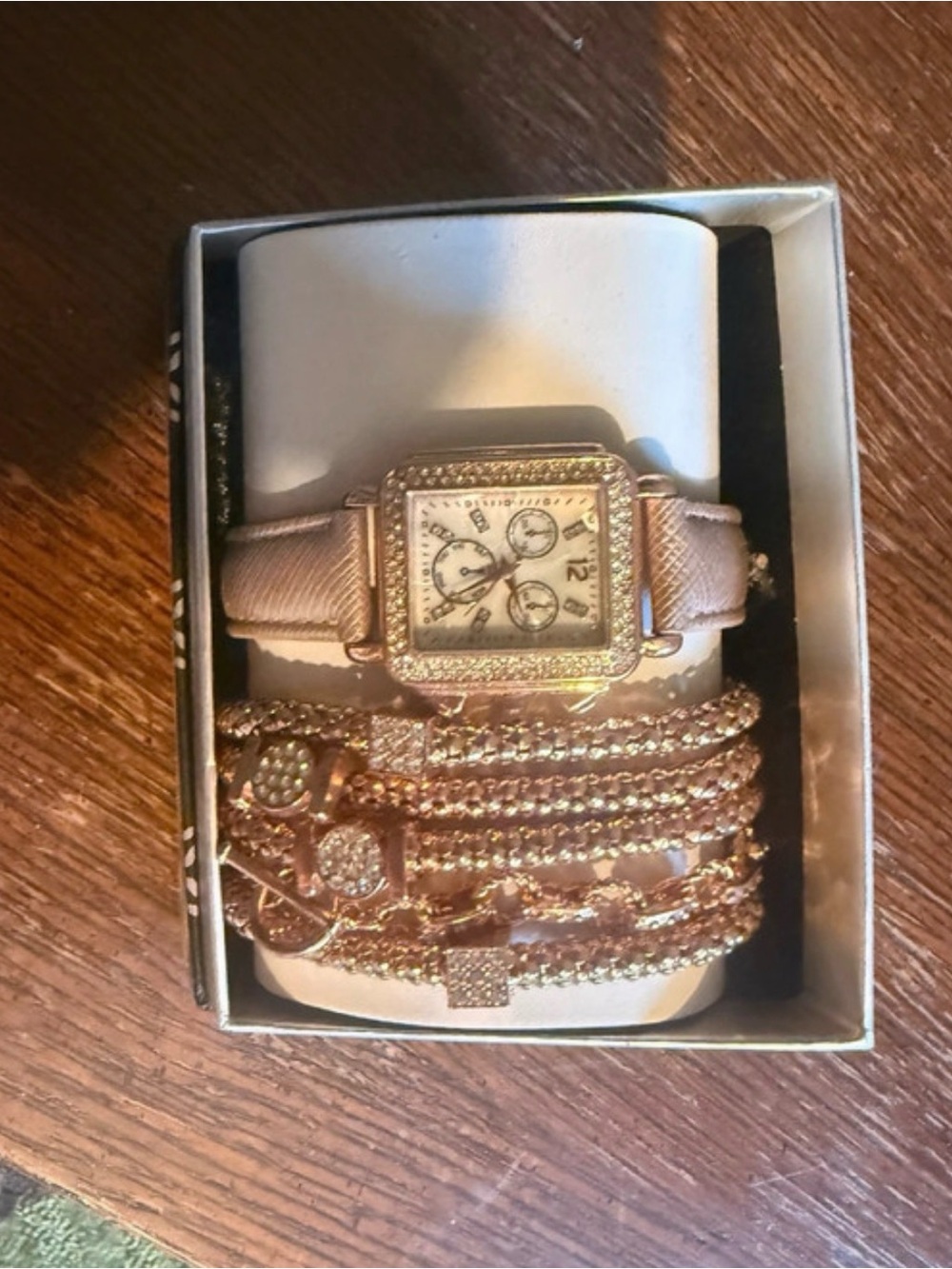 Women's Rose Gold Square Dial Watch with Coordinating Multi-Strand Bracelet